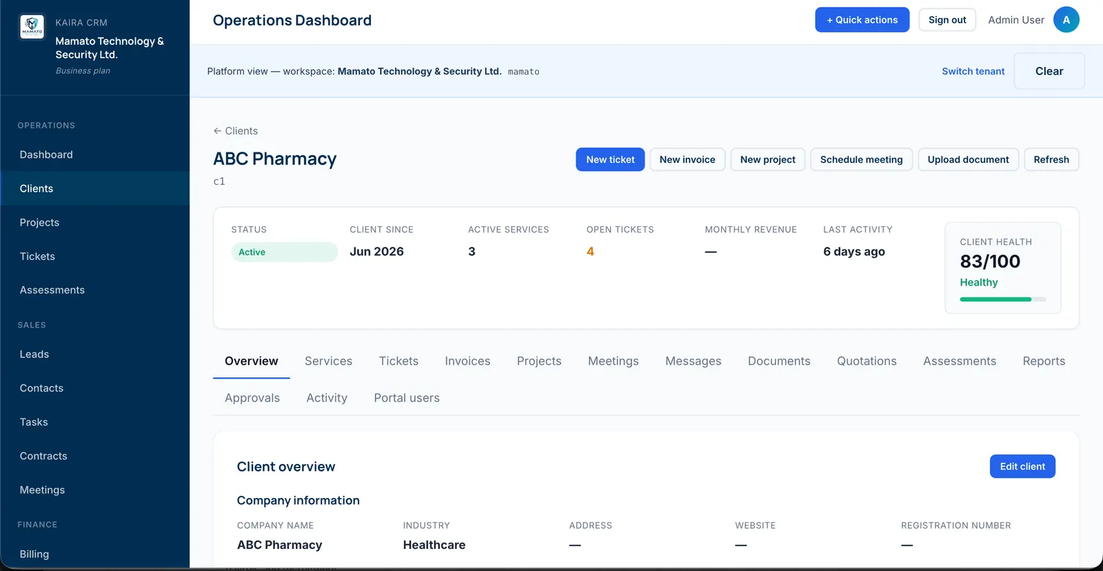 Kaira Client Portal desktop dashboard
