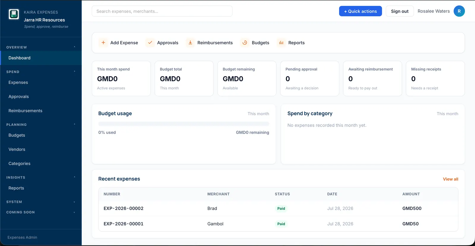Kaira Expenses desktop dashboard
