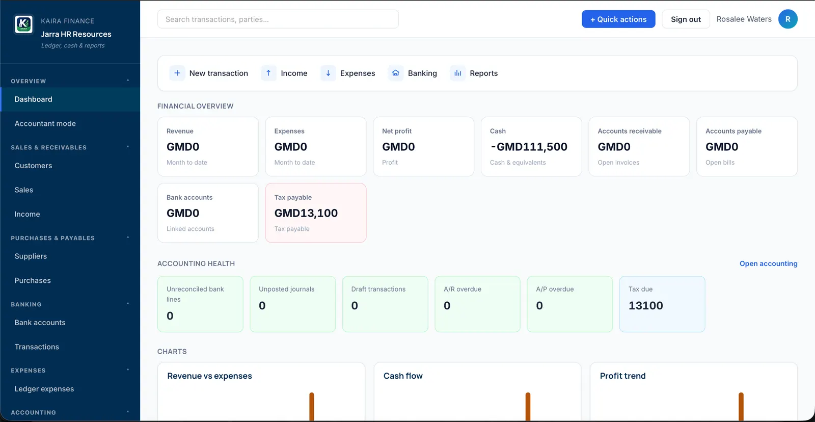 Kaira Finance desktop dashboard