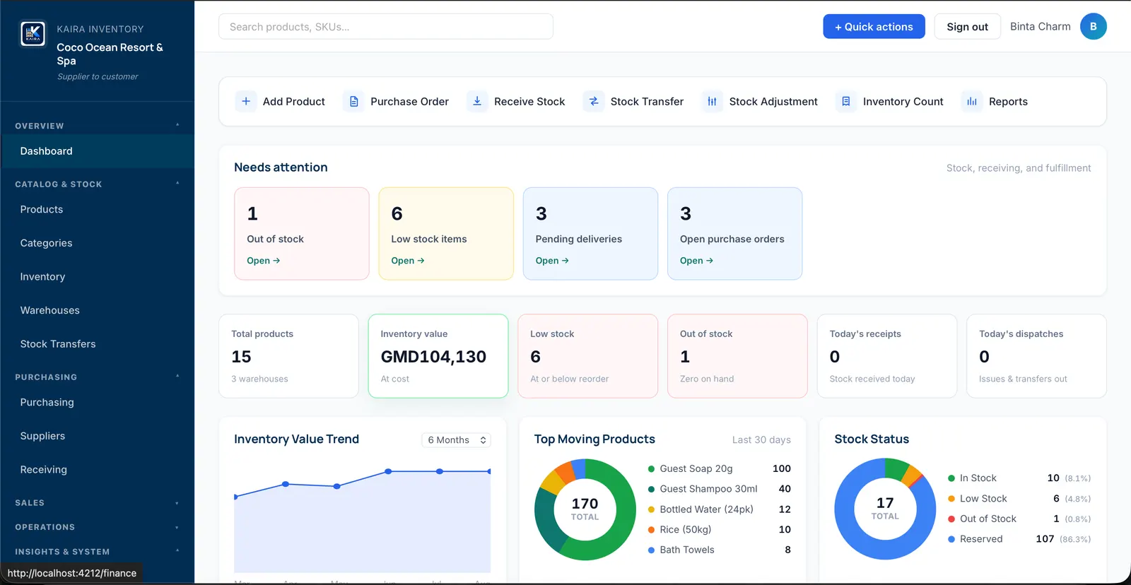 Kaira Inventory desktop dashboard